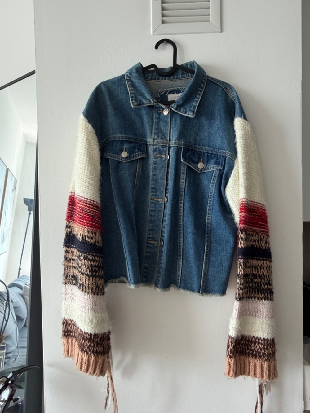 Blue Denim Jacket with Multicolor Knit Sleeve Accents
